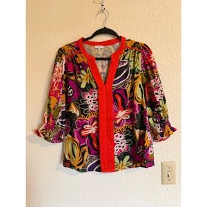 VOY Womens Abstract Floral Split V-Neck Blouse Red Trim Smocked 3/4 Sleeve S